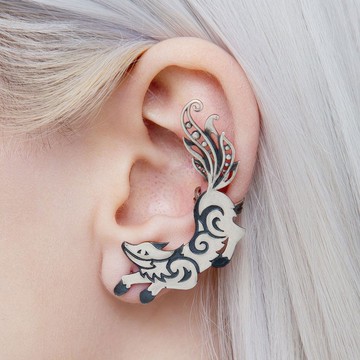 帶穿孔的銀狐耳夾狐狸耳環