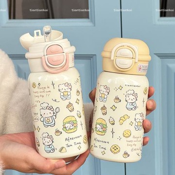kt貓保溫杯女生2024新款高顏值吸管杯子學生上學專用水杯可愛兒童