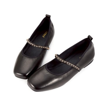 全真皮鍊帶方頭平底瑪莉珍鞋