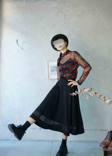 設計手作-個性黑毛料拼接雪紡圓裙長裙