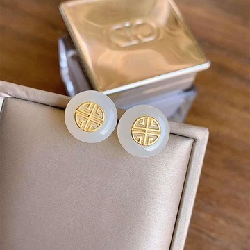 【墜享】天然和田玉白玉平安扣耳釘S925純銀簡約百搭個性氣質飾品