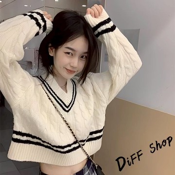 韓版學院風麻花撞色針織上衣【W699】