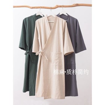 如奕棉麻浴袍中式偏襟速干吸水睡袍男女情侶成人睡衣春夏洗澡浴衣