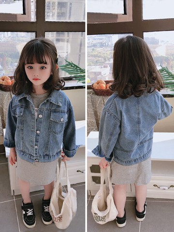 兒童套裝春秋季新款 女童俏皮牛仔外套+可愛印花打底裙兩件套1入