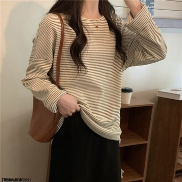 復古條紋長袖T恤女韓版圓領上衣寬鬆內搭慵懶風打底