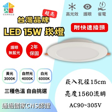 【可開發票|宅宅照明五金】LED護眼超亮崁燈 9W/12W/15W 崁入孔15cm 附快速接頭 無藍光全電壓CNS認證