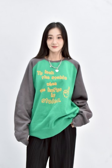 (2XL) cozygen 棉質純棉拼接印花綠色長袖上衣