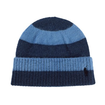POLO Ralph Lauren小馬拼色條紋美麗諾羊毛針織毛帽(海軍藍/藍色)780973-410｜GoBrand