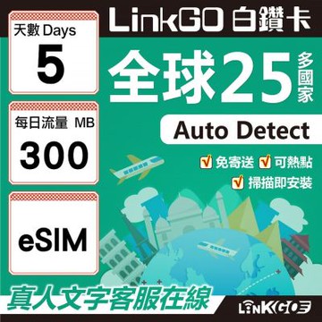 LINKGO白鑽卡 全球25國 eSIM卡 5天上網卡 每日300mb(全球網卡 亞太區 紐西蘭 澳洲 通行無限)