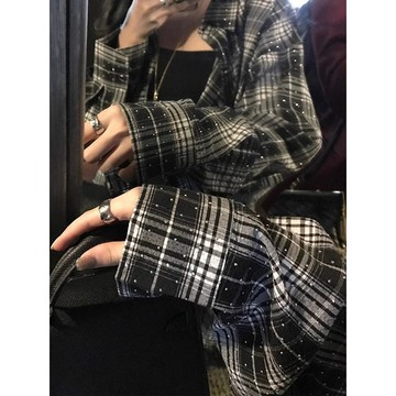 ♡ 𝑪𝒉𝒊𝒄 𝒖 ♡秋季新款重工燙鑽亮閃閃格子襯衫女休閒寬鬆慵懶風襯衣潮外套