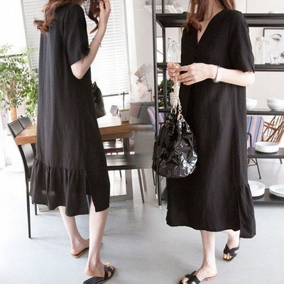 ワンピース レディース リネンワンピース 春夏 半袖 マキシワンピース 黒 Vネック マーメイドスカート カジュアル韓国風 通販 Lineポイント最大get Lineショッピング