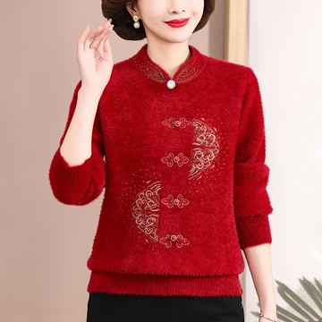 【韓國K.W.】KM3257韓國水貂絨保暖八方鑽刺繡上衣(長袖/休閒服飾/秋冬款)