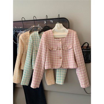 氣質方領格紋小香風編織短外套2025春季新品名媛翻蓋口袋西裝大衣