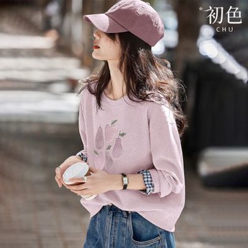 初色 日系圓領印花假兩件拼接格紋袖長袖T恤上衣女上衣-共3色-15490(M-2XL可選)