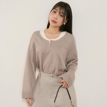 撞色半開釦針織長袖上衣 MISS