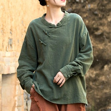 現貨+預購 新中式罩衫棉麻襯衫手工亞麻上衣夏季女裝大尺碼-長袖斜襟盤扣女上衣3色74lw84【獨家進口】【米蘭精品】