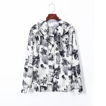 夏季女裝復古黑白老照片印花拼接系帶領單排扣寬松文藝襯衫
