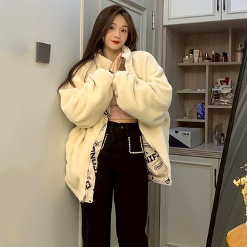 羊羔毛絨兩面穿棉服女秋冬oversize潮牌寬松加厚百搭立領情侶外套