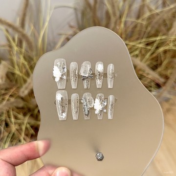 ➕最新設計款穿戴甲💅純手工穿戴甲片高級感夏季冰透奶咖色美甲顯白蝴蝶結長款假指甲貼長梯穿戴甲 ZVC3