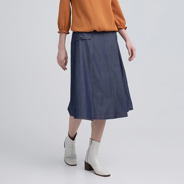 ILEY伊蕾 口袋拼接縲縈造型牛仔裙(藍；M-XL)