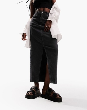 ASOS DESIGN denim midi skirt with split hem in washed black