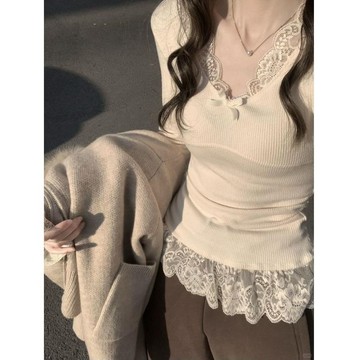 【林木木】長袖t恤女 修身 蕾絲上衣 秋天衣服 打底衫 辣妹裝 性感衣服