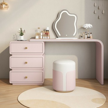 意式輕奢全實木奶油ins風女生梳妝臺書桌一體 電腦辦公桌工作臺寫字書桌寫字臺 現代簡約女生粉色皮質化妝臺