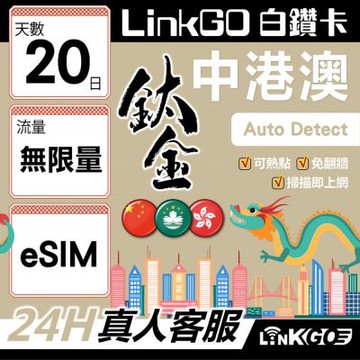 LINKGO白鑽卡 中港澳 eSIM卡 20天鈦金吃到飽 不降速 高速流量 免翻牆可熱點(中港澳網卡 中國 大陸 香港 澳門 虛擬卡)