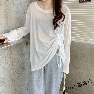 冰絲罩衫 長袖罩衫 防曬衫 套頭 外搭 透氣 薄款 寬鬆 長袖t恤 抽繩上衣女