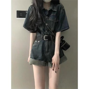 夏季新款美式復古寬松牛仔連體褲胖mm收腰顯瘦闊腿連體短褲套裝女