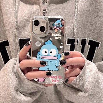 ins風可愛卡通丑魚漢頓蘋果16ProMax手機殼iPhone15PLUS鏡面14補妝鏡13少女男12保護套11高級感x情侶三麗鷗新