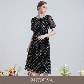 現貨【MEDUSA 曼度莎】華麗珍珠高雅菱格小禮服（M-XL）｜媽媽禮服 長洋裝 小香風洋裝