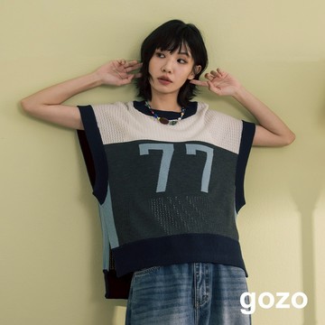 【gozo】數字撞色拼接廓型針織背心(深灰/米白_F) | 女裝 圓領 休閒