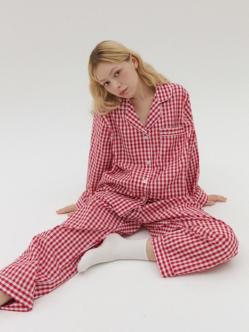 Gingham Check Pure Cotton Long Sleeve Pajama Set [Red]