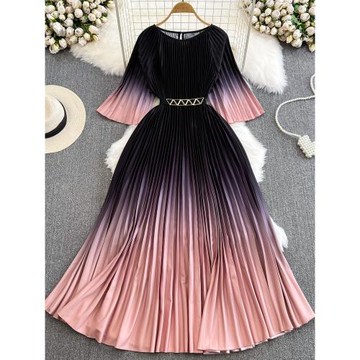 輕熟風名媛氣質五分袖圓領收腰顯瘦a字大擺漸變色印花百褶連衣裙