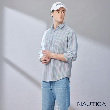 Nautica 男裝 低調質感條紋長袖襯衫-藍色