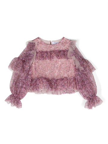 Simonetta - ruffled-trim long-sleeved blouse - kids - Polyamide/Cotton - 12 yrs - Pink