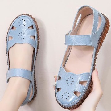 夏季款包頭媽媽涼鞋女真皮軟底舒適中年鏤空防滑中老年人牛筋皮鞋