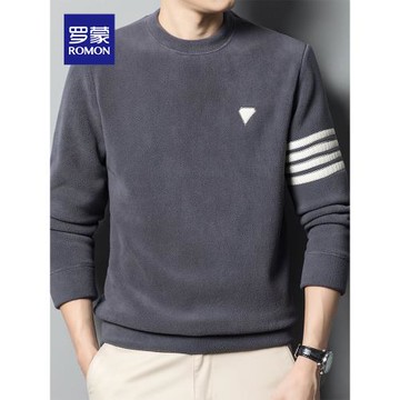 羅蒙搖粒絨衛衣男春秋季新款圓領寬松休閑條紋內搭外套男士上衣服