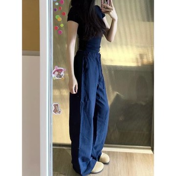 175加長高個子寬松水洗棉闊腿休閑褲女夏季透氣質感老錢風直筒褲