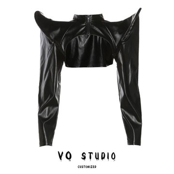 VOstudio 賽博朋克風辣妹PU皮超短上衣個性飛肩設計感小眾罩衫女
