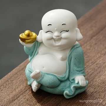 ??招財彌勒??新中式禪意彌勒佛擺件保平安玄關家居擺設陶瓷招財小佛像書房裝飾頂天彌勒佛 頂天佛 元寶彌勒佛 化壓樑煞