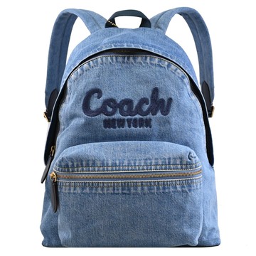 COACH CAT43 電繡LOGO丹寧布雙拉鍊休閒後背包.靛青