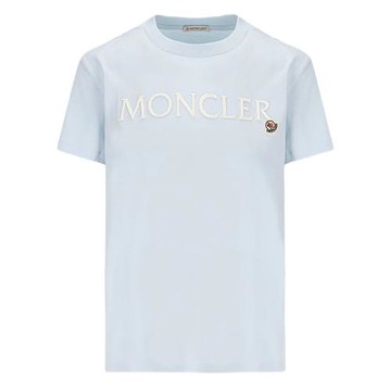 【MONCLER】女款 胸前刺繡英文名&品牌LOGO 短袖T恤-淺藍色 (XS號、S號、M號、L號) 093 8C000 06829HP/70S