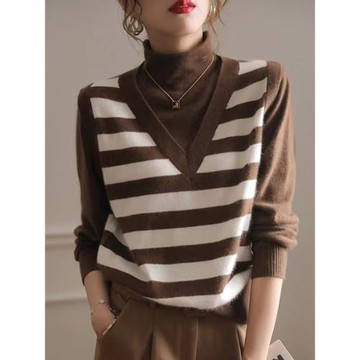 正品哥家女裝2025秋冬新款假兩件撞色條紋半高領內搭毛衣針織衫女