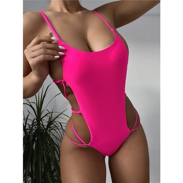 純色露背鏤空帶胸墊三角休閑無袖溫泉泳裝大胸性感連體泳衣