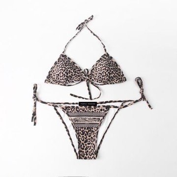 女士豹紋三角帶胸墊無鋼托泳衣