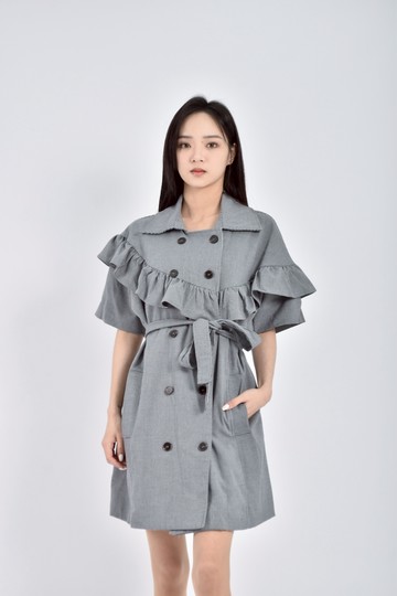 (L) dreamland質感短袖排扣灰色綁帶洋裝