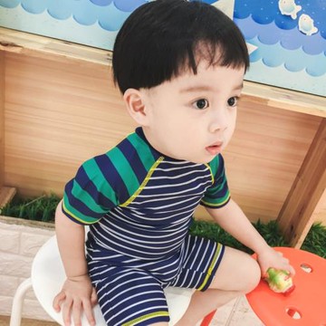 韓國ins潮款兒童泳衣男童寶寶條紋泳衣 連體小童男嬰兒防曬沖浪服