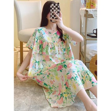 夏季棉綢薄款連衣裙女短袖中長款卡通防凸點荷葉邊睡裙家居服睡衣